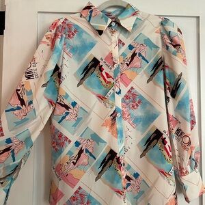 zeagoo Tropical Print Button-Up Blouse in Light Blue, Pink & Cream